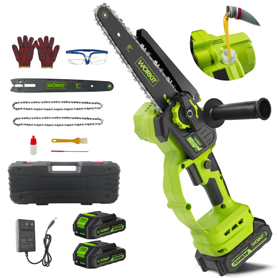 WORKIT Mini Chainsaw with 8-inch bar in action for quick branch trimming