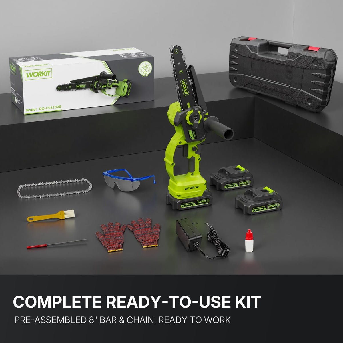 Package includes batteries, charger, bar, chain, goggles, gloves, and oil