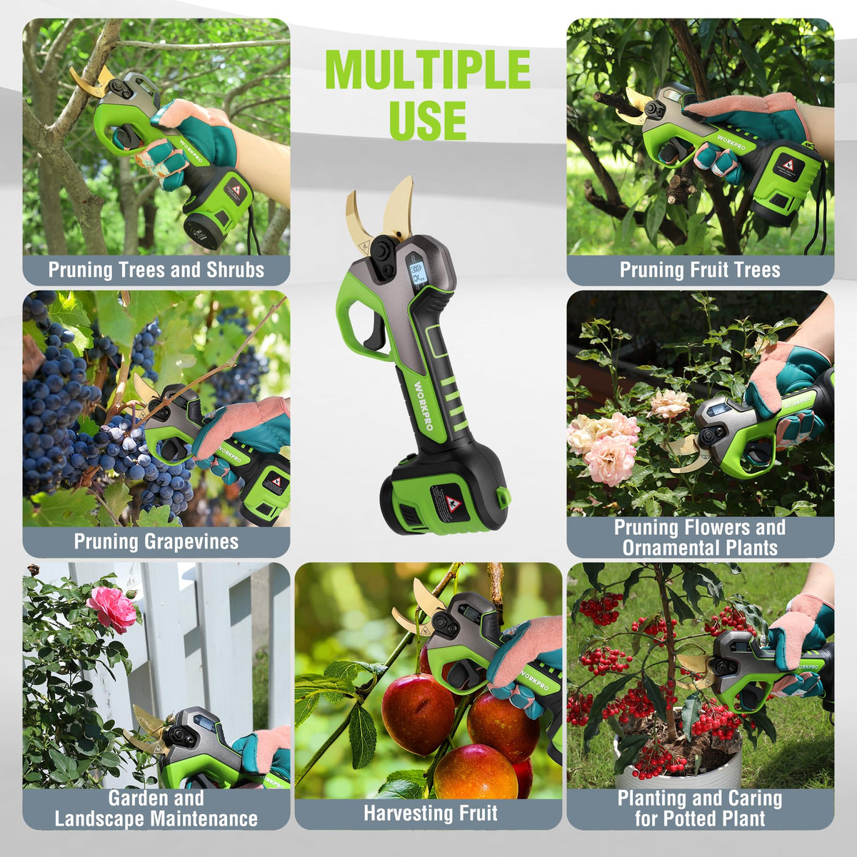 WORKPRO 12V pruning shears with dual battery packs for extended sessions