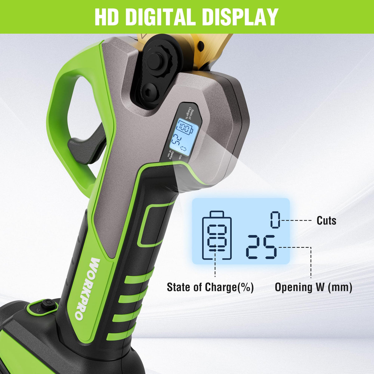 WORKPRO pruning shears smart LCD display shows battery and cutting counts