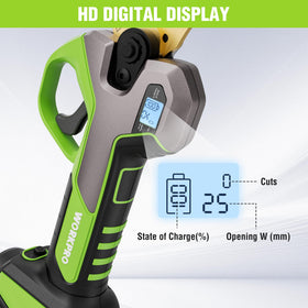 WORKPRO pruning shears smart LCD display shows battery and cutting counts