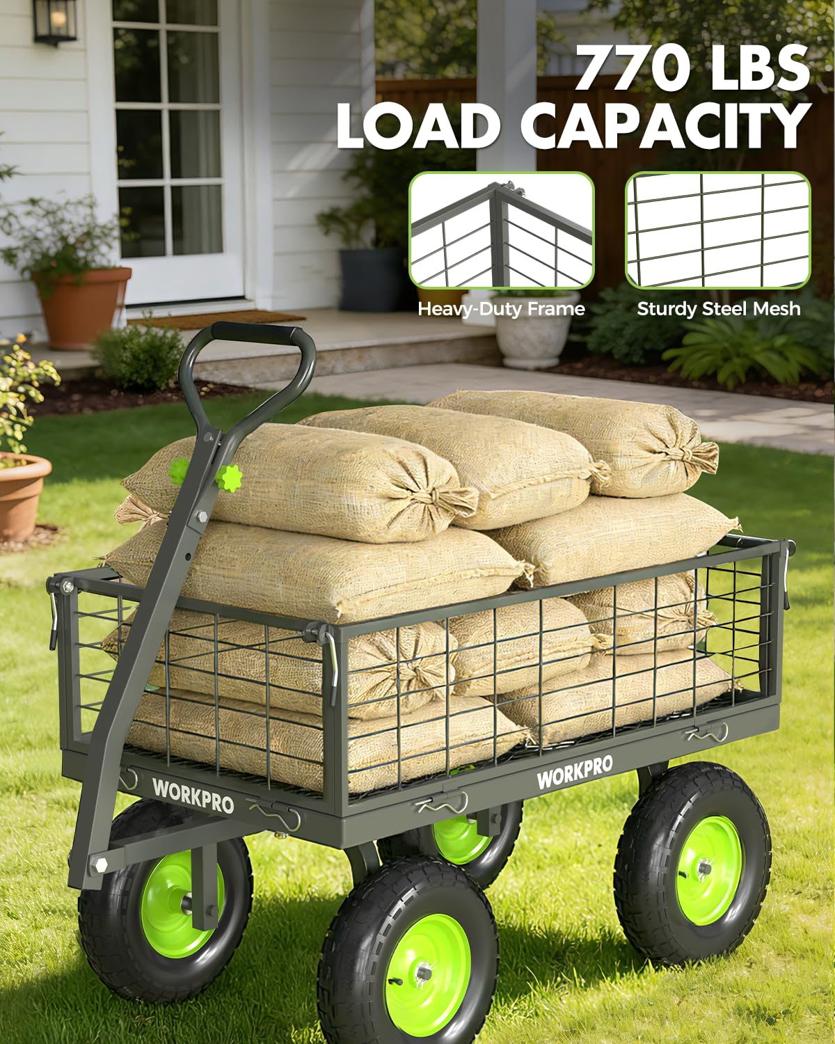WORKPRO 2-in-1 convertible wagon with removable sides for oversized loads.