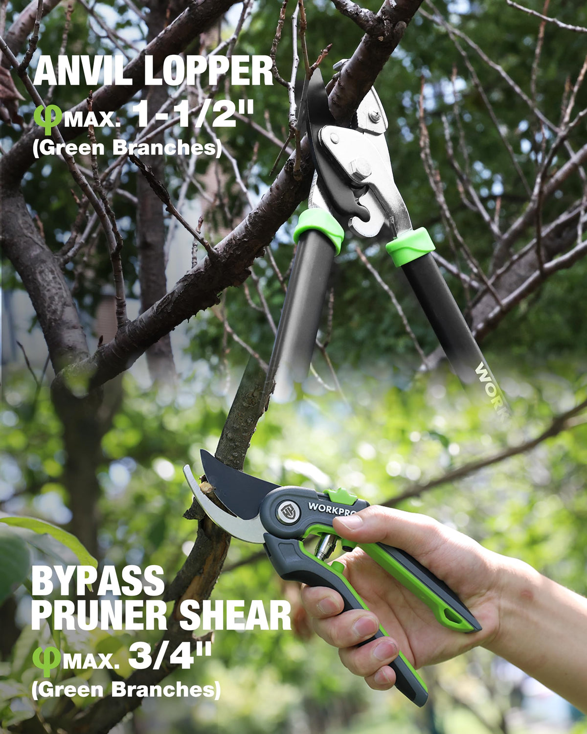 WORKPRO comfort grip handles provide secure control during long pruning sessions.