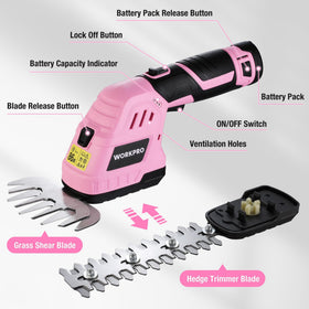 WORKPRO cordless garden trimmer being used in a yard.