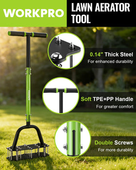 WORKPRO ergonomic T-handle provides a comfortable grip during lawn aeration