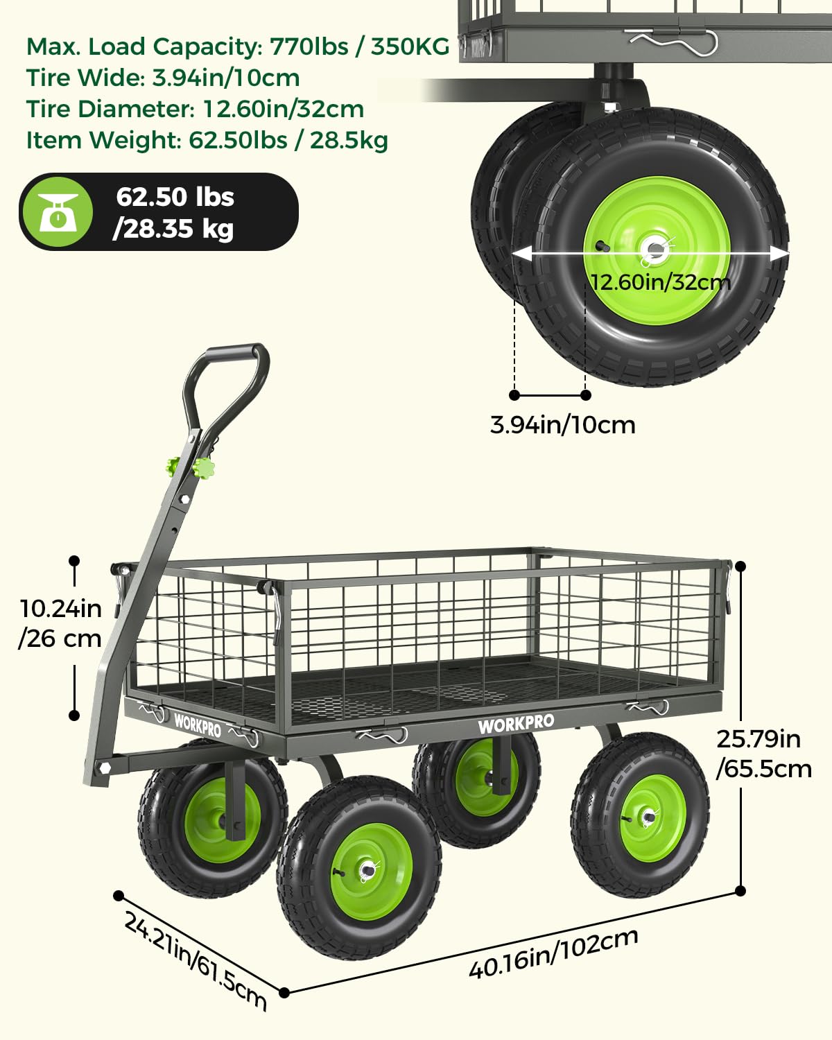 WORKPRO front wheels offer precise steering in tight spots.