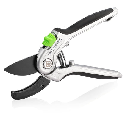 WorkPro Garden Anvil Pruning Shears blades close-up showing sharp SK5 steel for clean cuts.