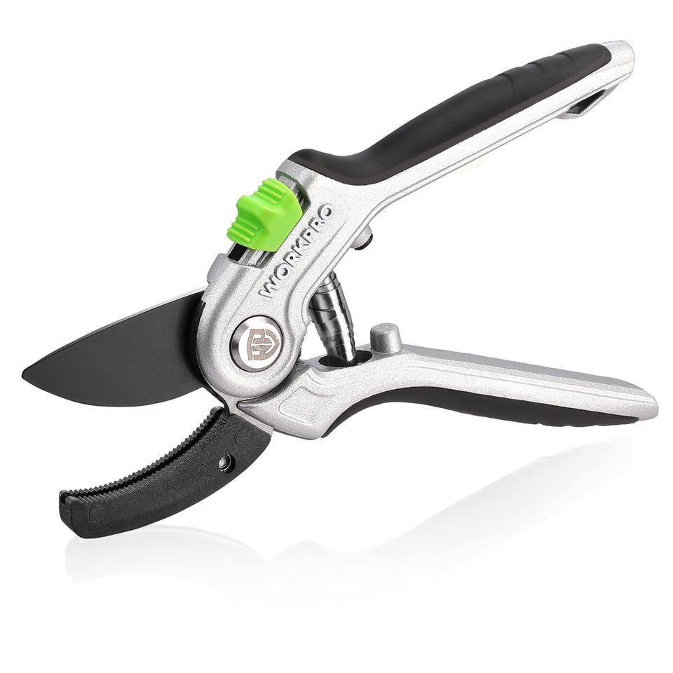 WorkPro Garden Anvil Pruning Shears blades close-up showing sharp SK5 steel for clean cuts.