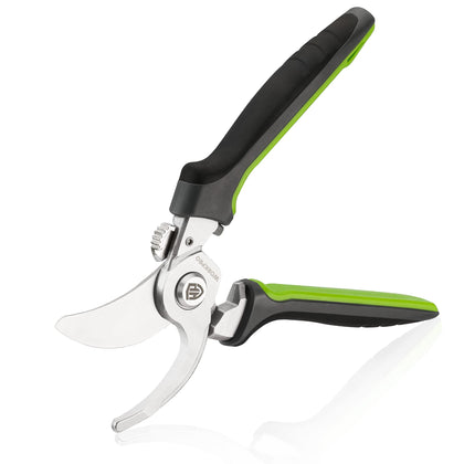 WorkPRO garden bypass pruning shears blade close-up showing CRV forged edge for clean cuts.