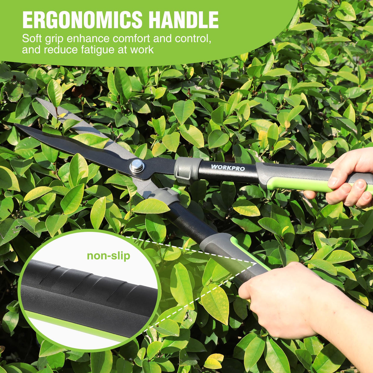 WORKPRO high reach pruning design enables pruning tall shrubs safely