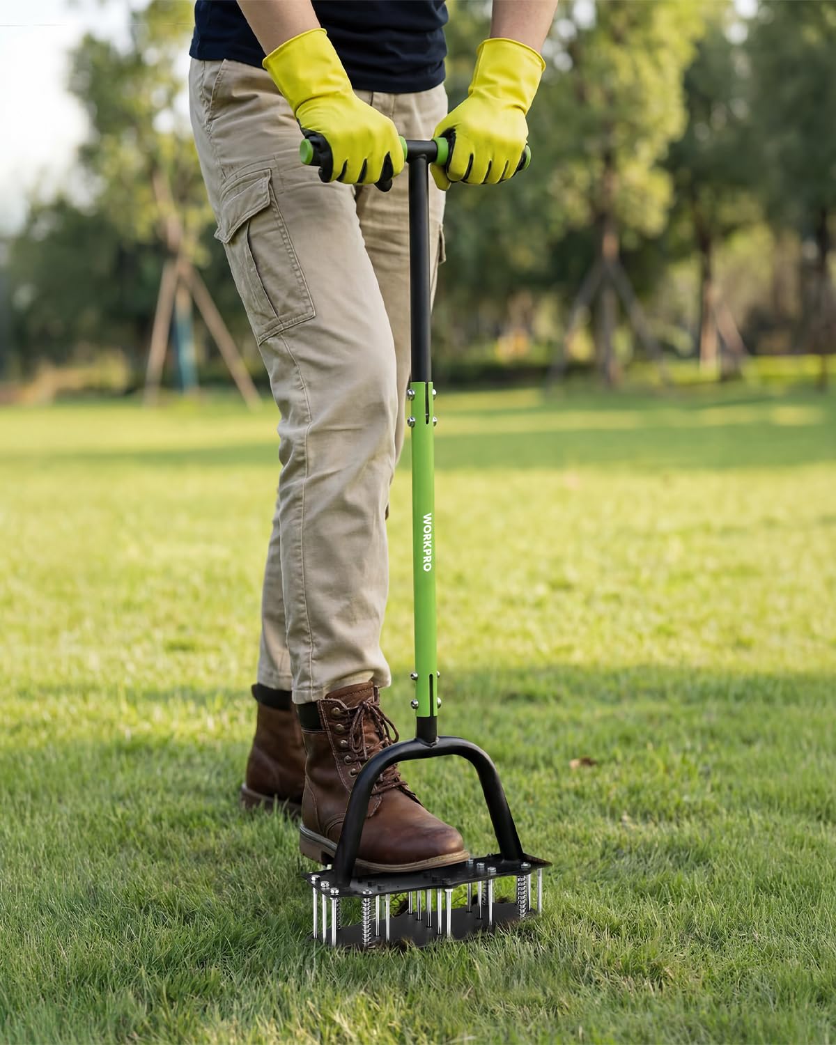 WORKPRO 17-spike lawn aerator close-up highlighting sharp tips for effective penetration