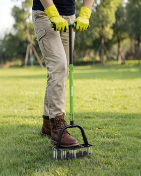 WORKPRO 17-spike lawn aerator close-up highlighting sharp tips for effective penetration