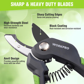 Ergonomic non-slip handle on WORKPRO pruning shear provides secure grip
