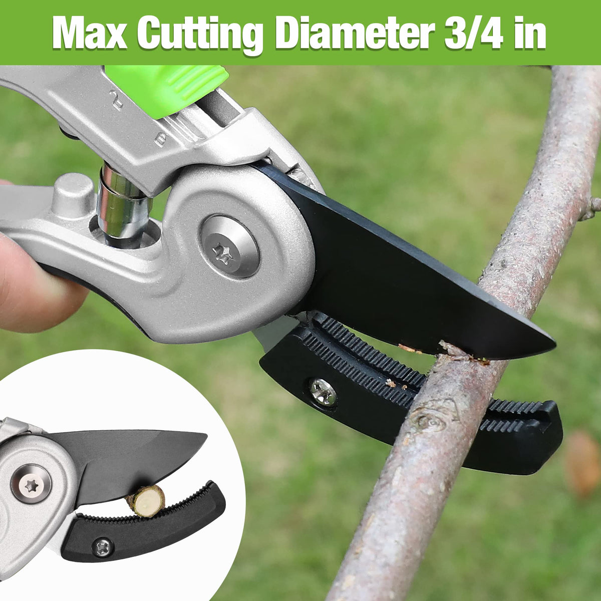 WorkPro pruning shears non-slip teeth grip stems securely.