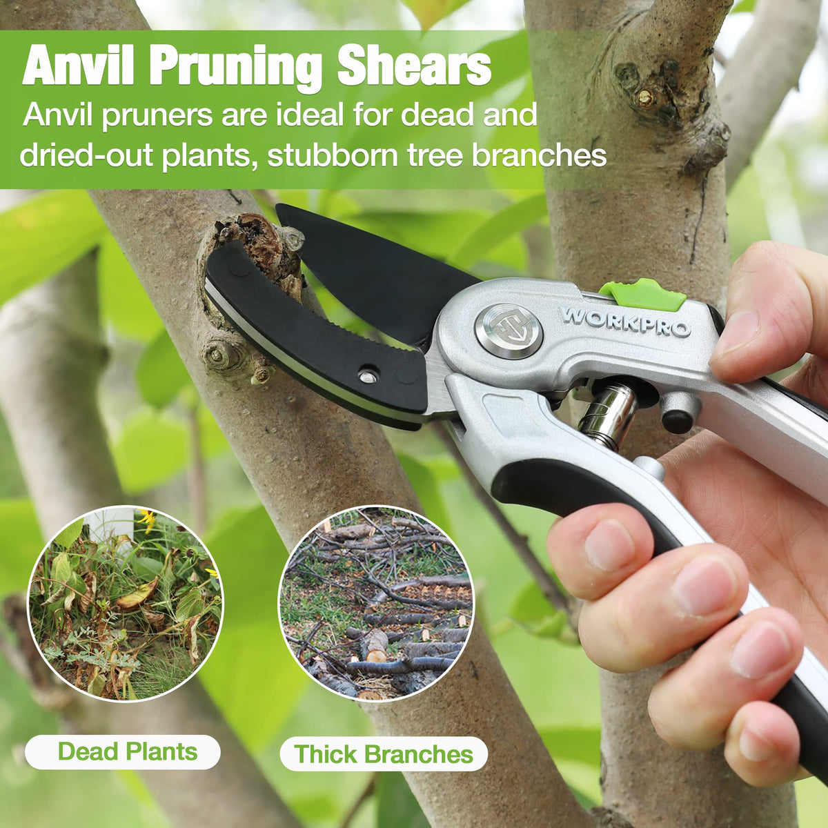 WorkPro pruning shears safety lock enables one-handed secure operation.