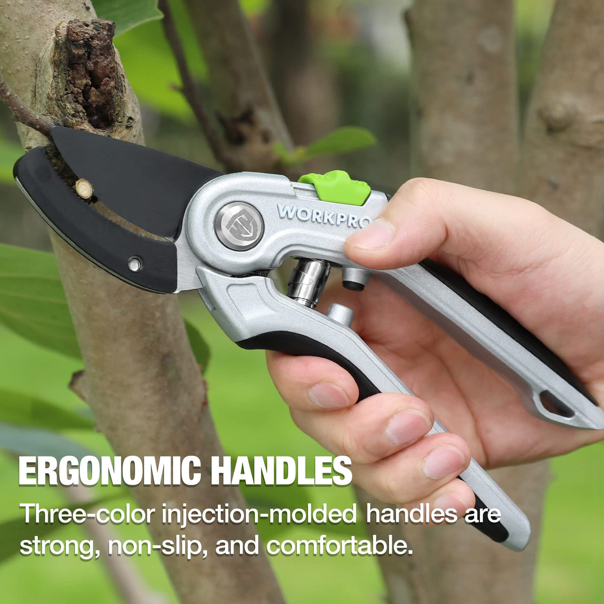 WorkPro pruning shears spring assists blade return for smoother cuts.