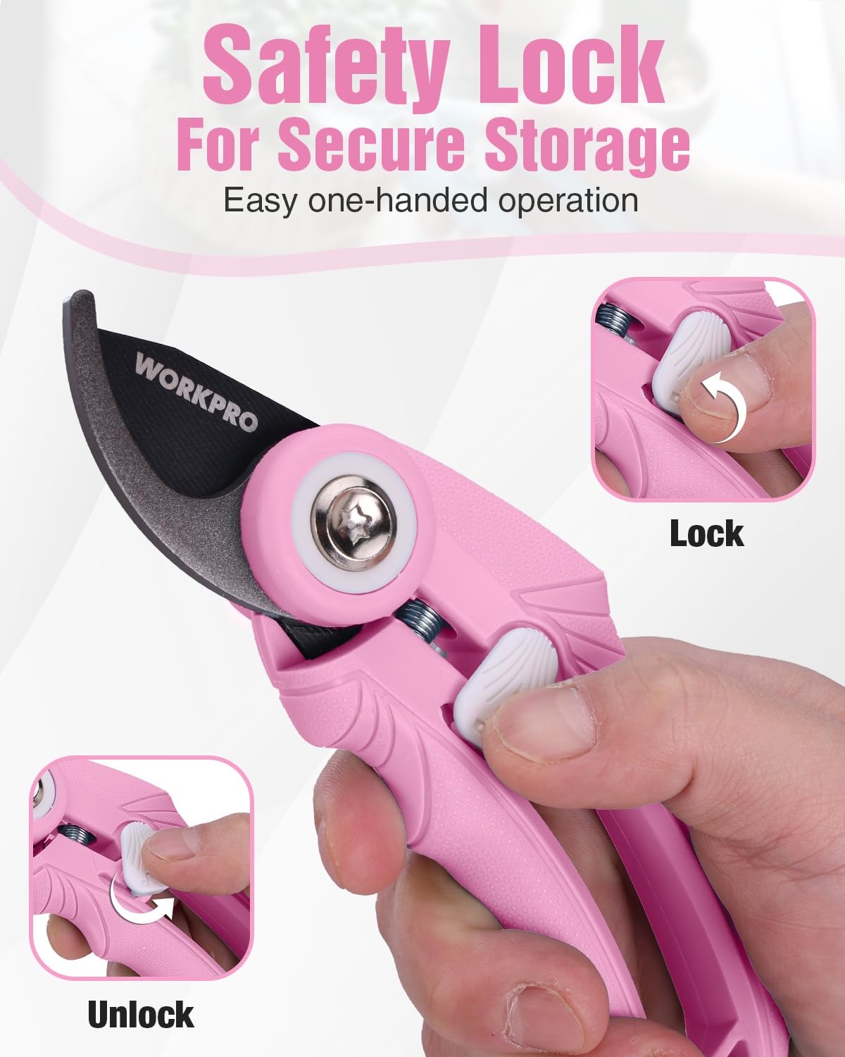 WORKPRO rose pruning close-up with bypass and straight blades in action