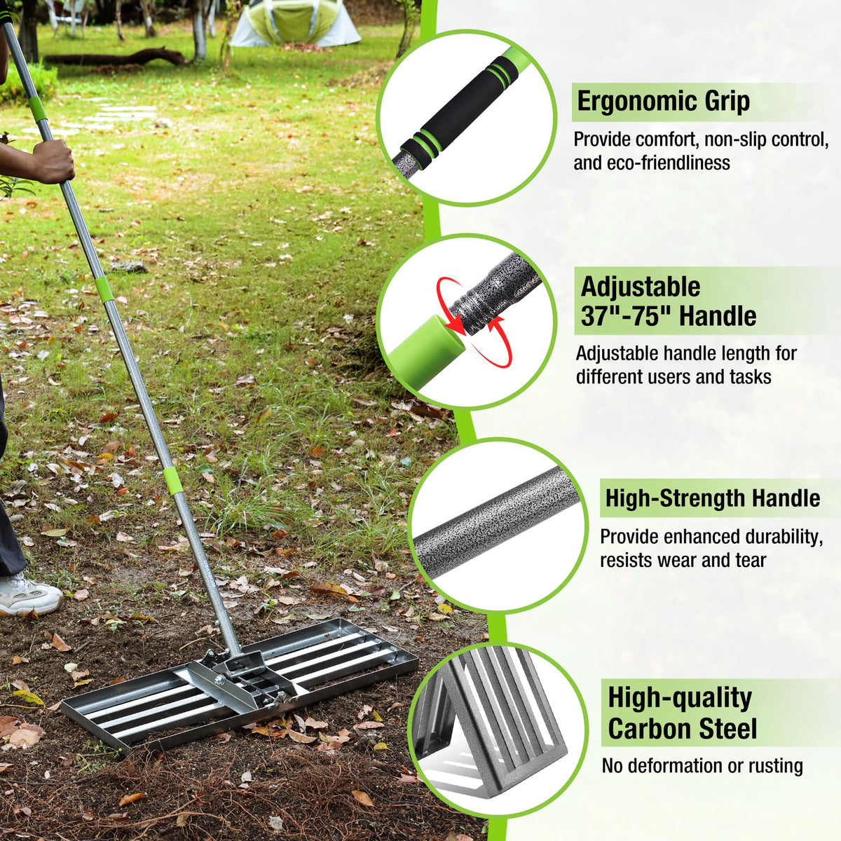 WORKPRO tool-free assembly for quick setup of the lawn leveling rake