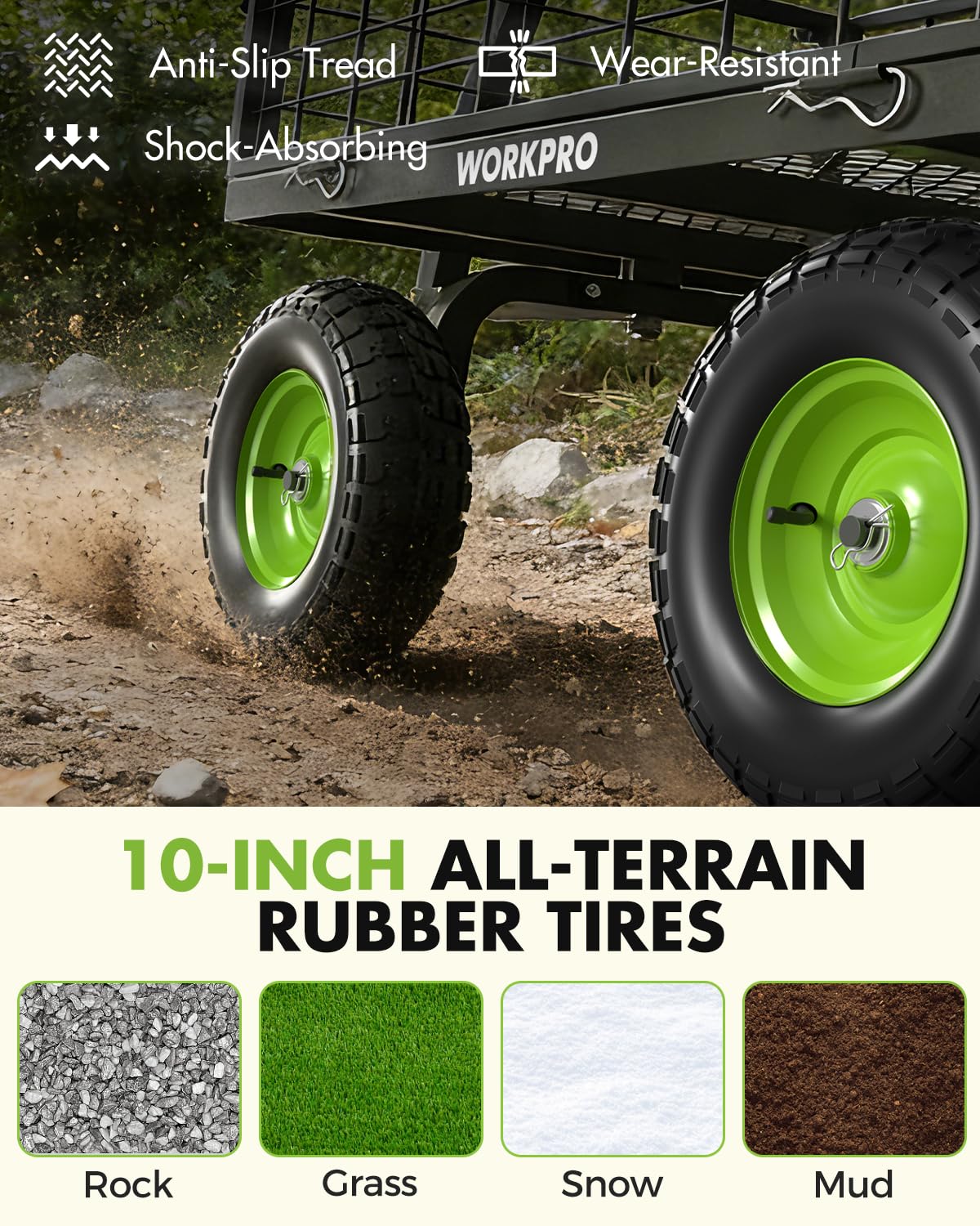 WORKPRO tow-behind design for use with ATV or riding lawn mower.
