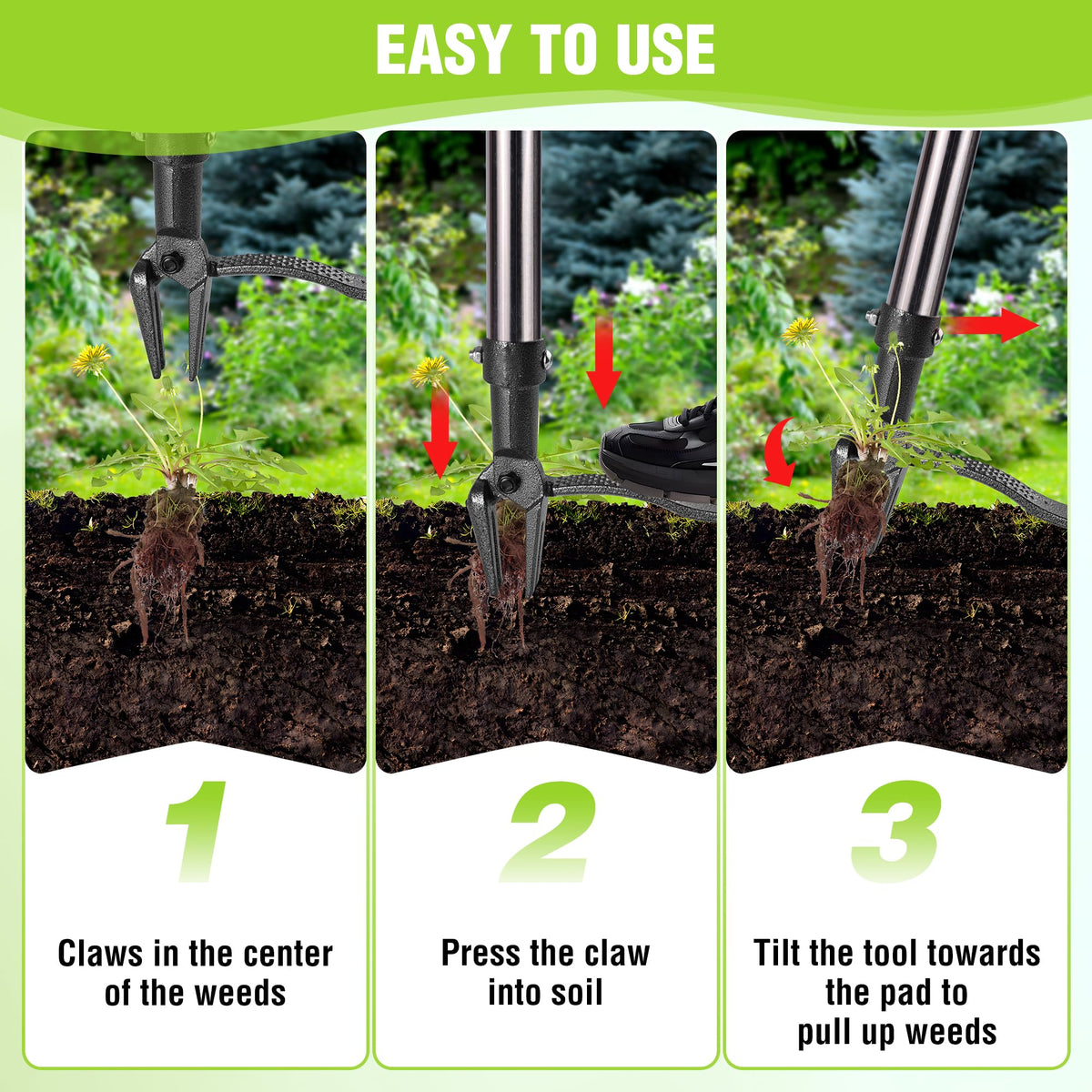 WORKPRO weed puller 4-claw steel head grips soil for complete roots.