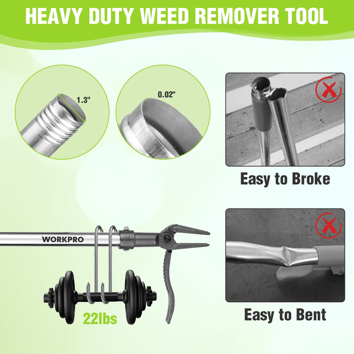 WORKPRO weed puller detachable dandelion picker for quick weed collection.