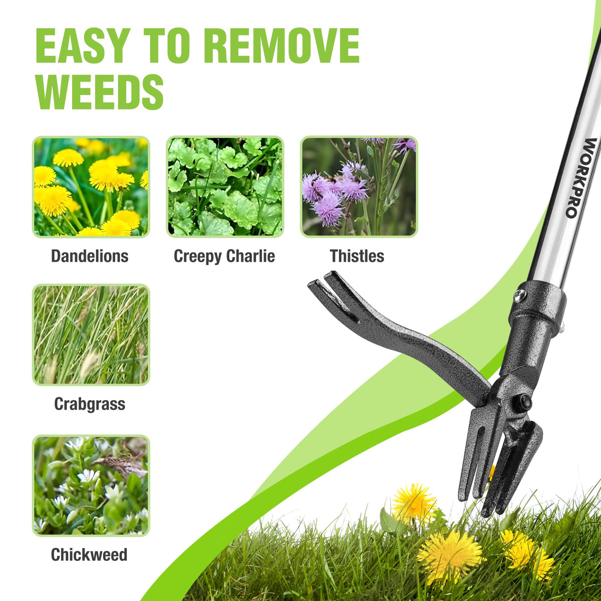WORKPRO weed puller ergonomic non-slip grip minimizes gardener fatigue.