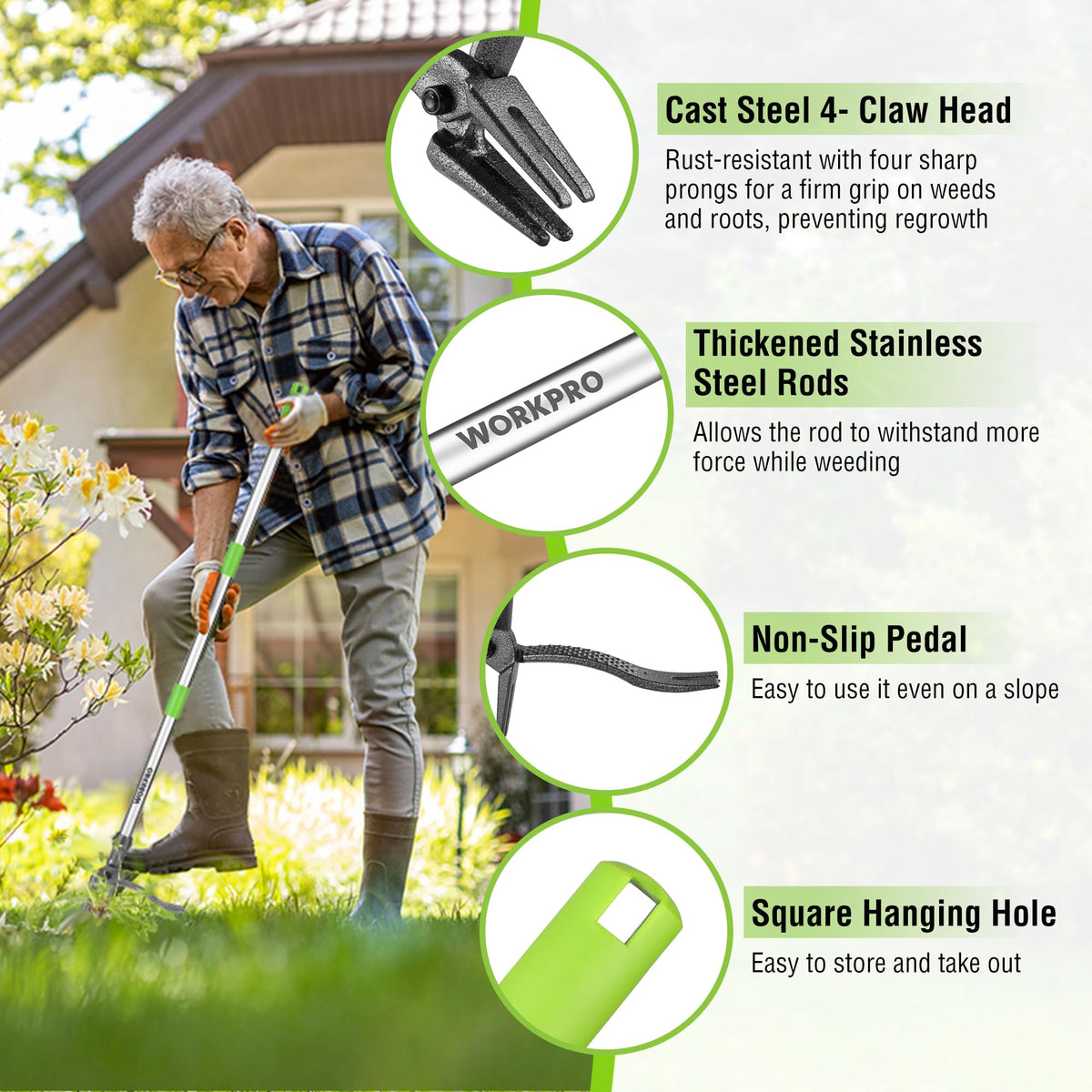 WORKPRO weed puller foot pedal adds leverage for effortless weed removal.