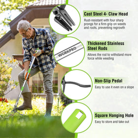 WORKPRO weed puller foot pedal adds leverage for effortless weed removal.