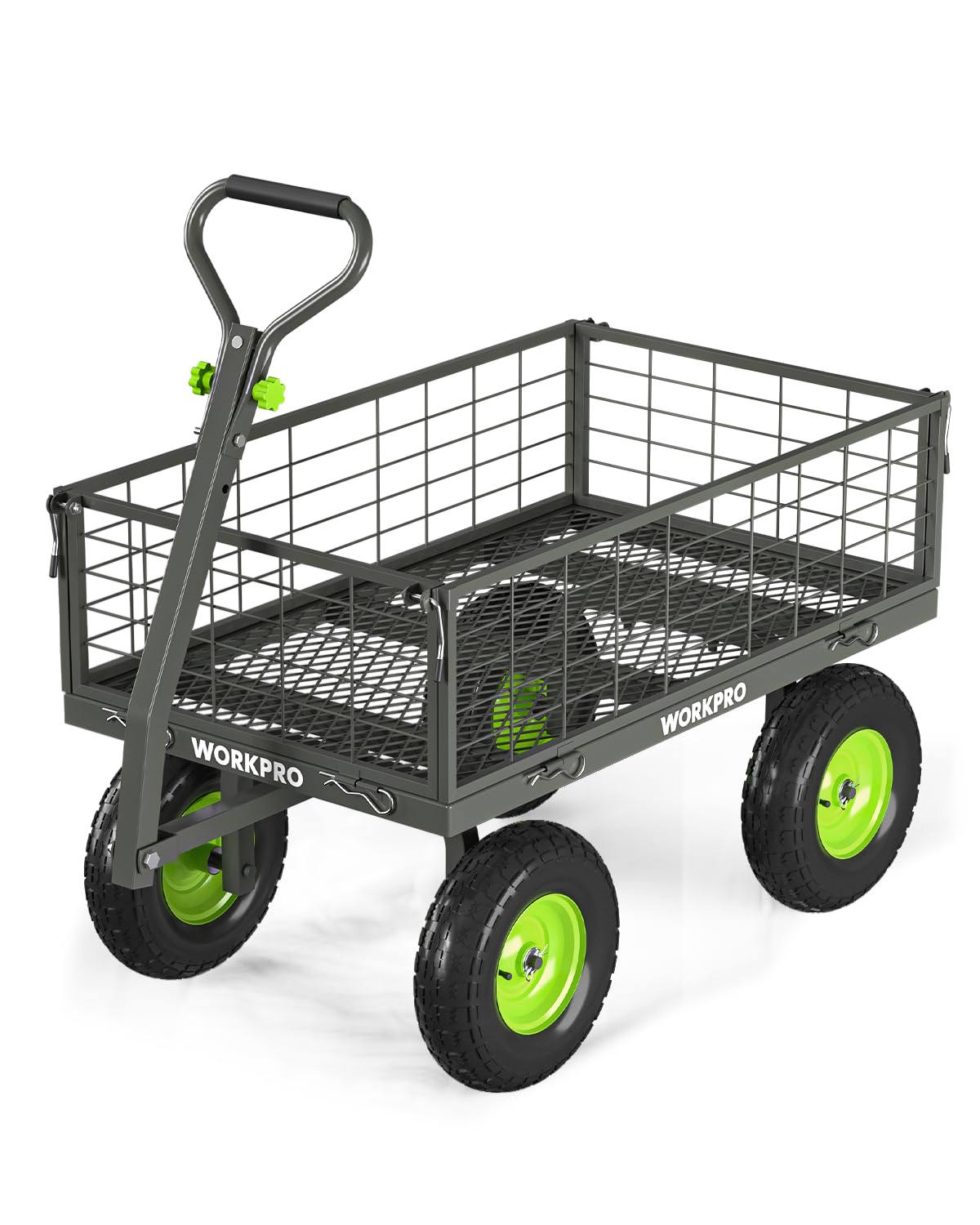WORKPRO wide bed design reduces trips in large outdoor chores.