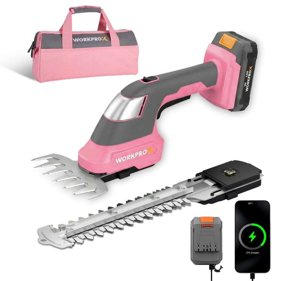 WORKPROX 20V pink grass-shear blade for precise lawn trimming.