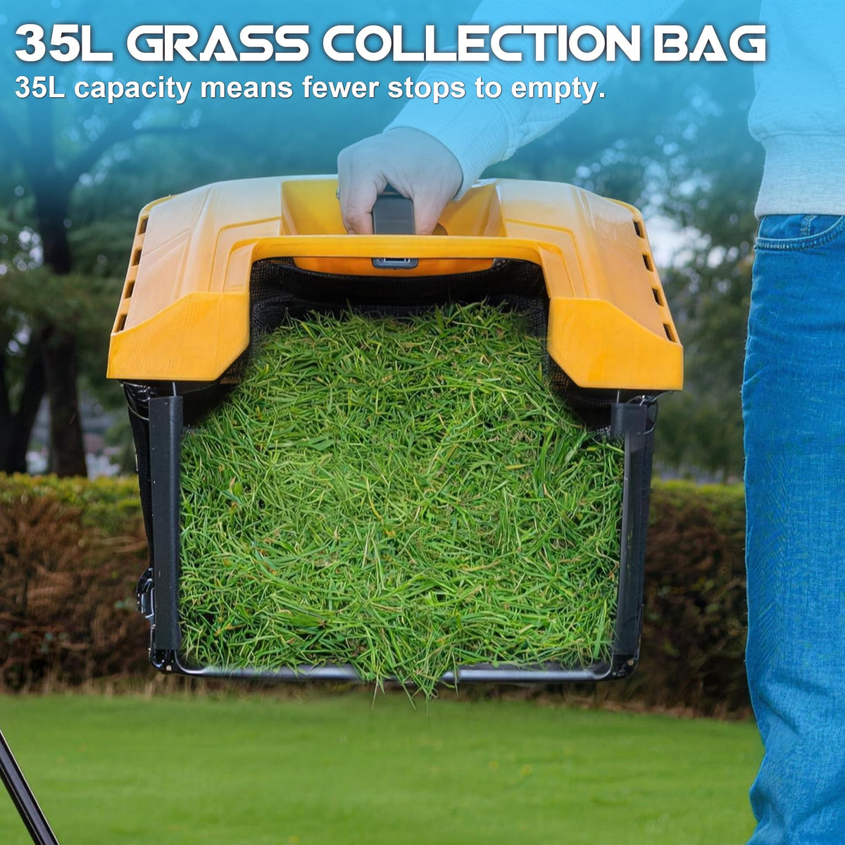 Worksky 35L collection bag reduces emptying trips during mowing