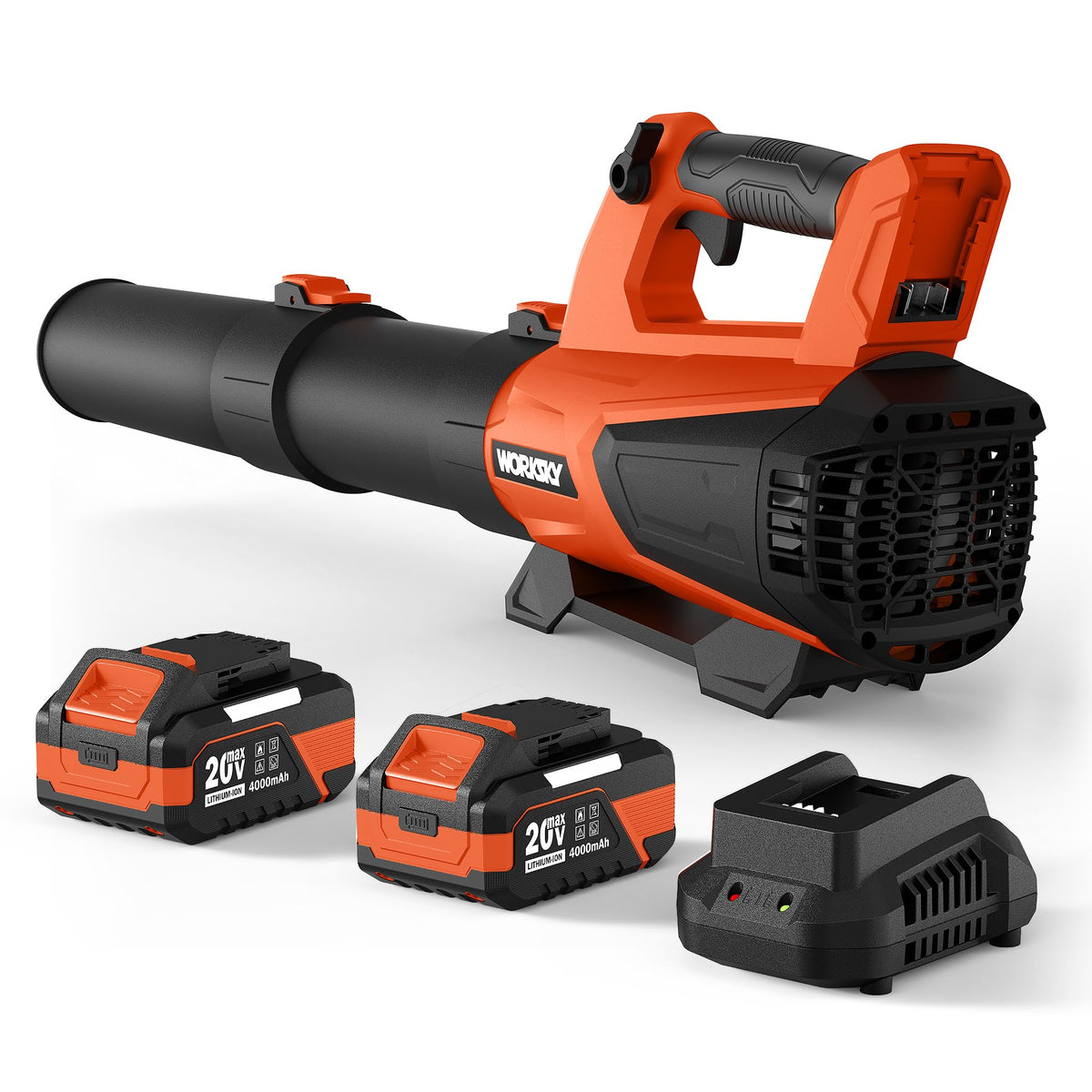 WorkSky leaf blower cordless setup with two 4.0Ah batteries for extended runtime