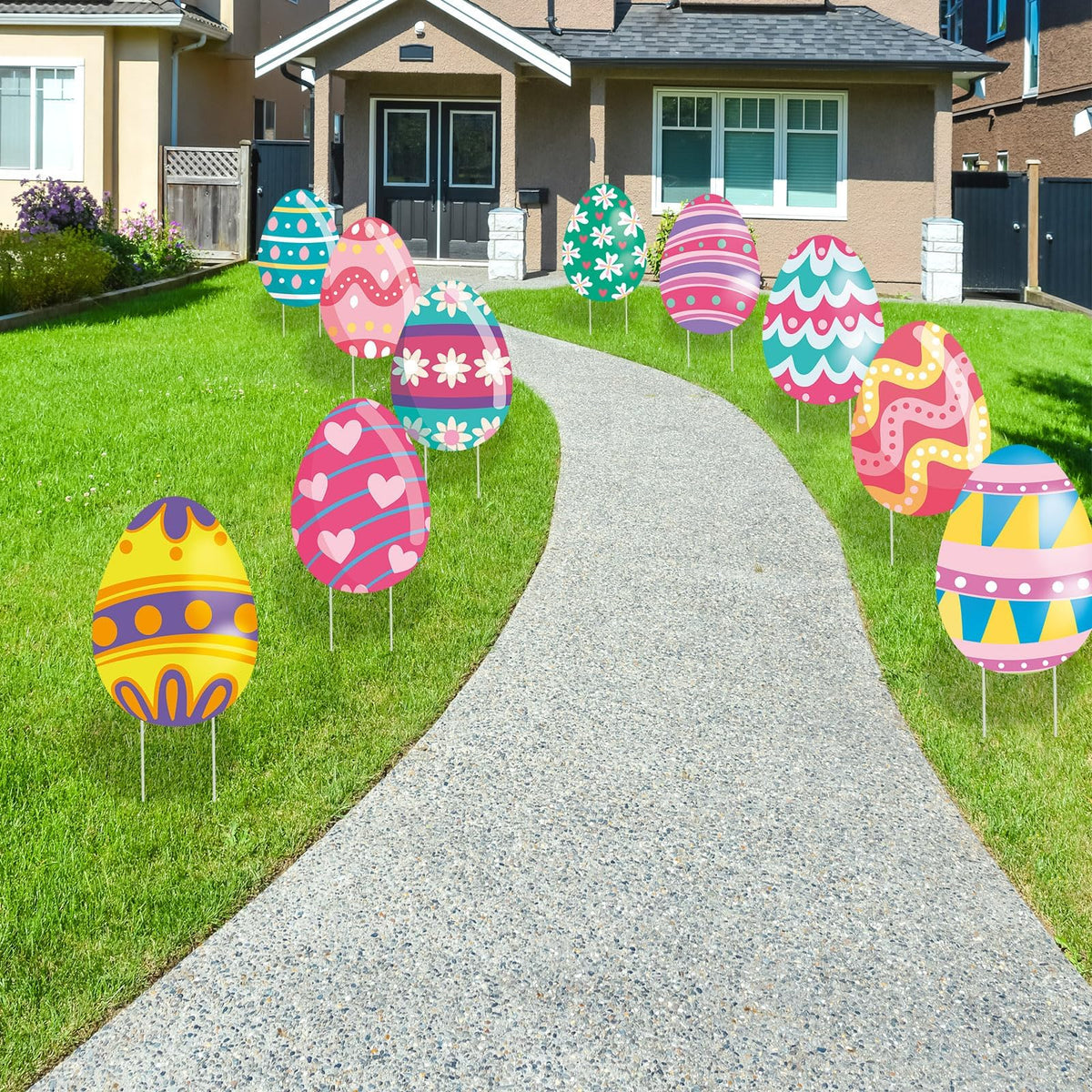 WorldBazaar eggs-themed yard signs with cheerful patterns.