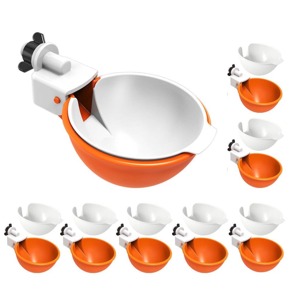 WORLEYX chicken waterer cups in use provide automatic hydration for poultry.