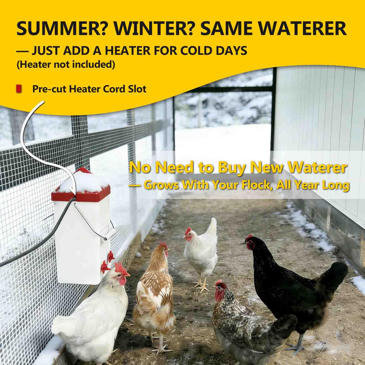 WORLEYX Height-adjustable hanging waterer adapts from chicks to adults.