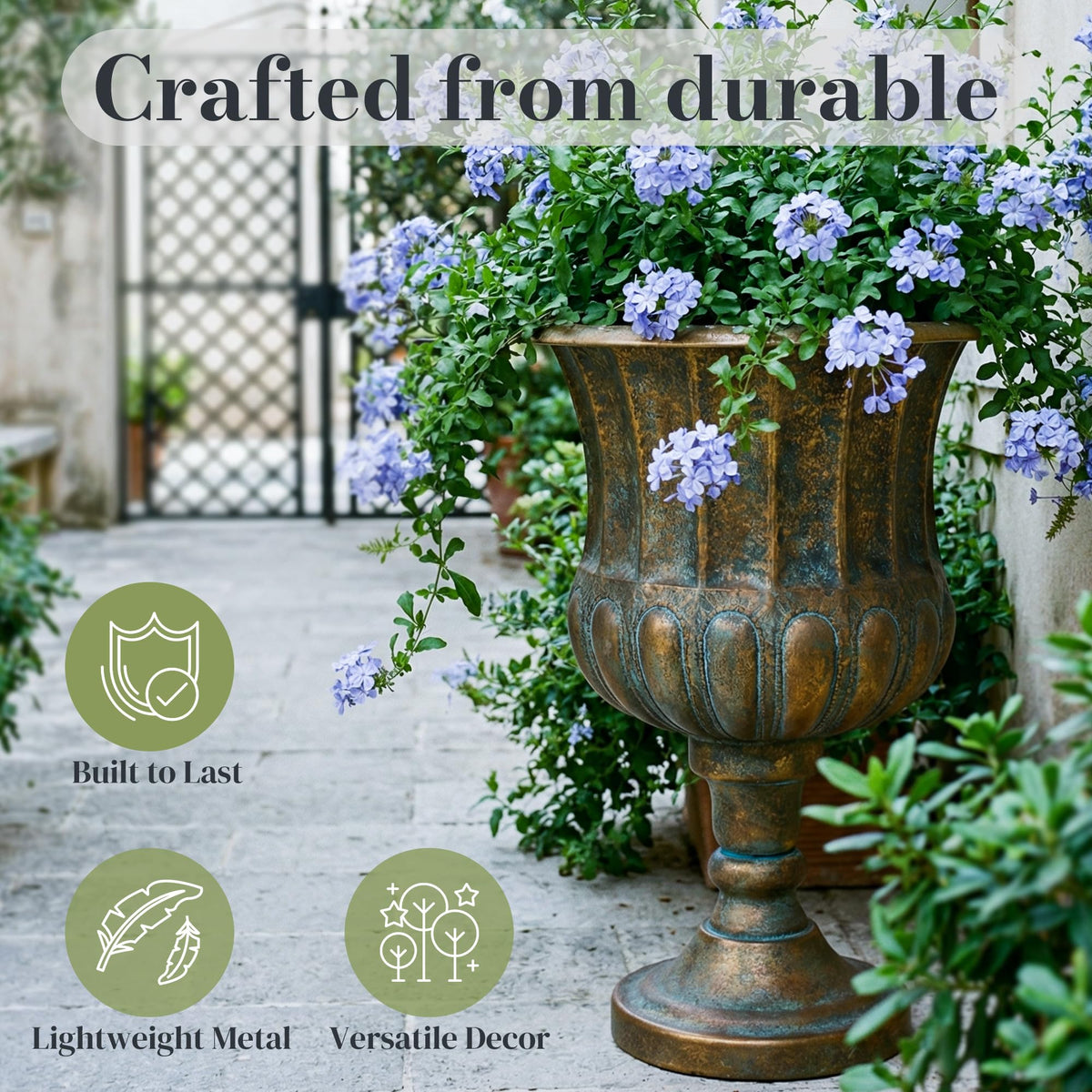 Worth Garden urn planter at entryway, framing visitors with a traditional urn silhouette.