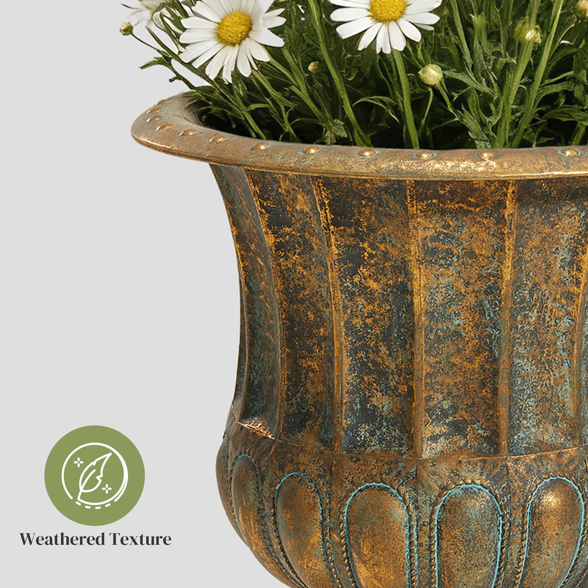 Worth Garden urn planter filled with herbs creates a practical, fragrant kitchen corner.