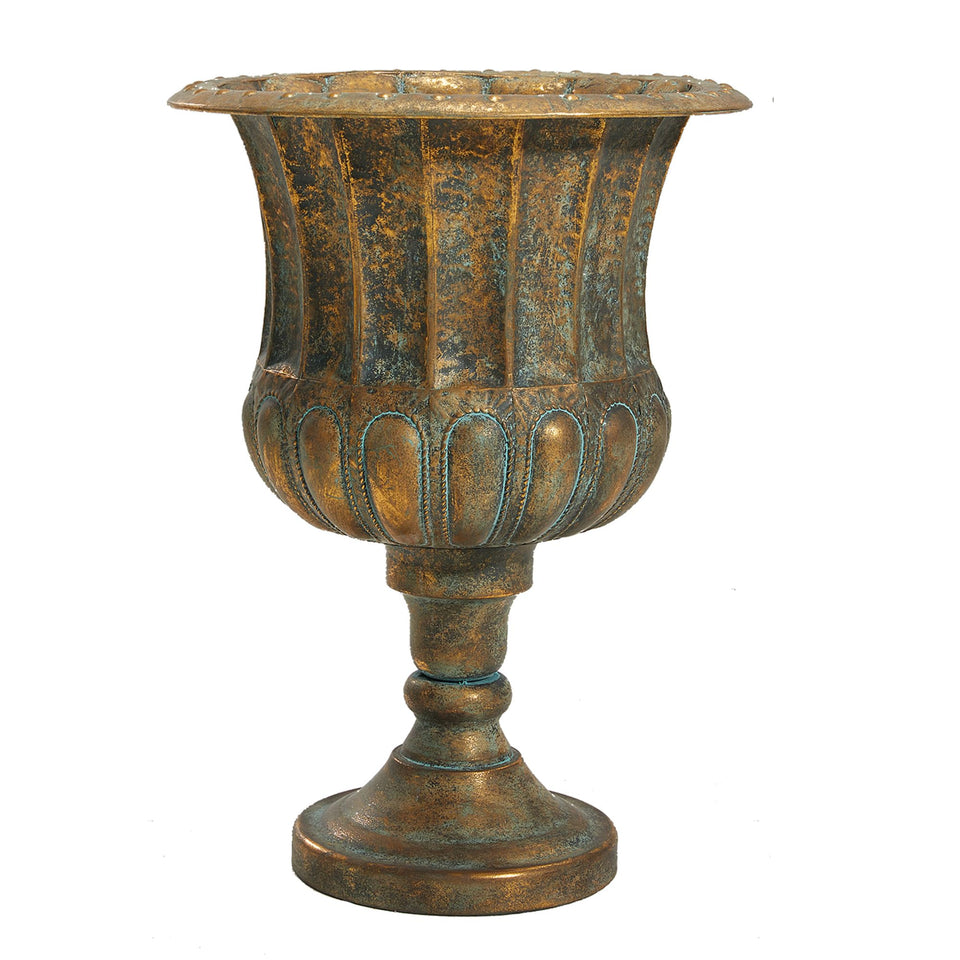 Worth Garden urn planter in bronze on a porch, showcasing classic outdoor charm.