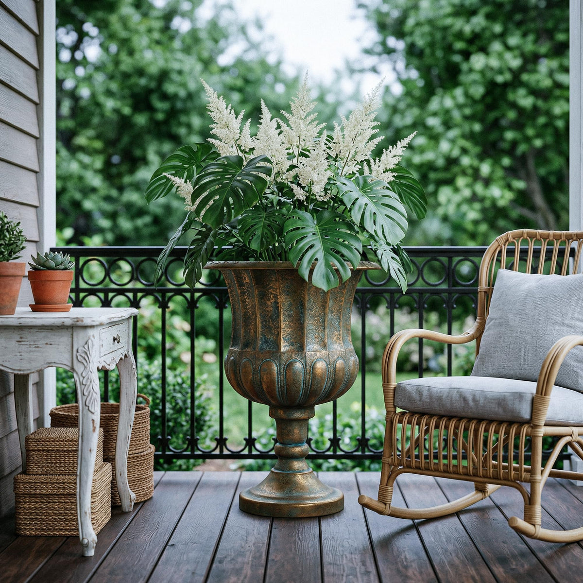 Worth Garden urn planter features a durable iron build with rustic bronze finish.
