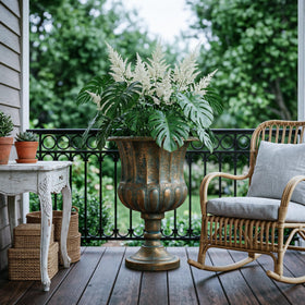 Worth Garden urn planter features a durable iron build with rustic bronze finish.