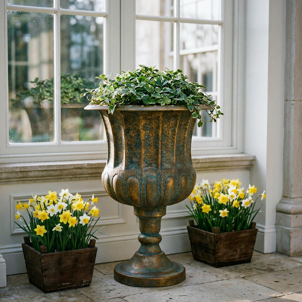 Worth Garden urn planter on patio with blooms, adding height and focal point.