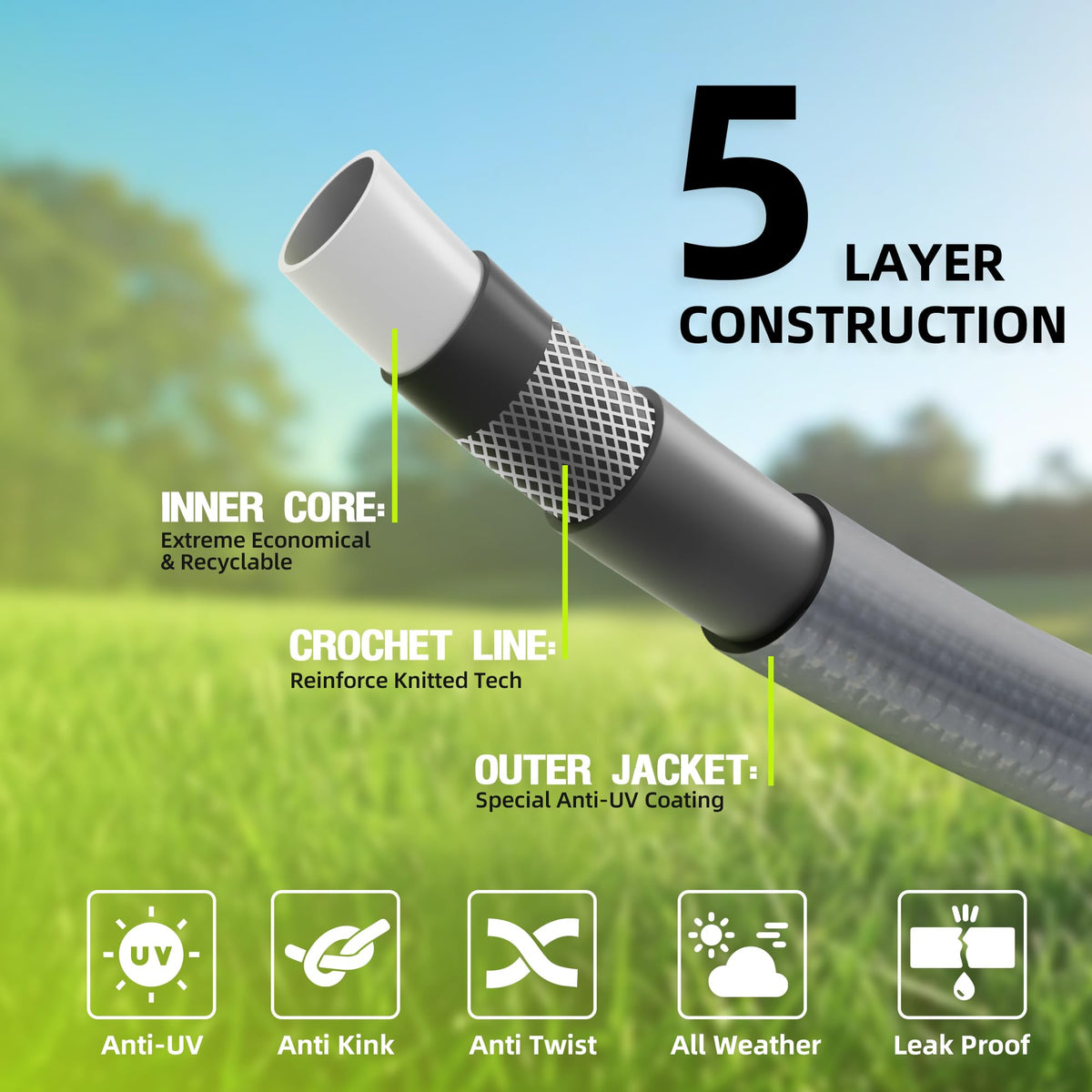 Worth Leader anti-kink design with helix reinforcement maintains smooth water flow.