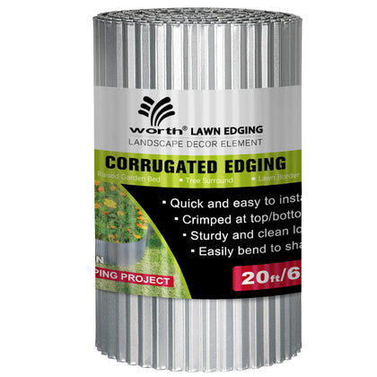 Worth narrow-corrugated edging in silver showing a 20ft roll for durable borders.