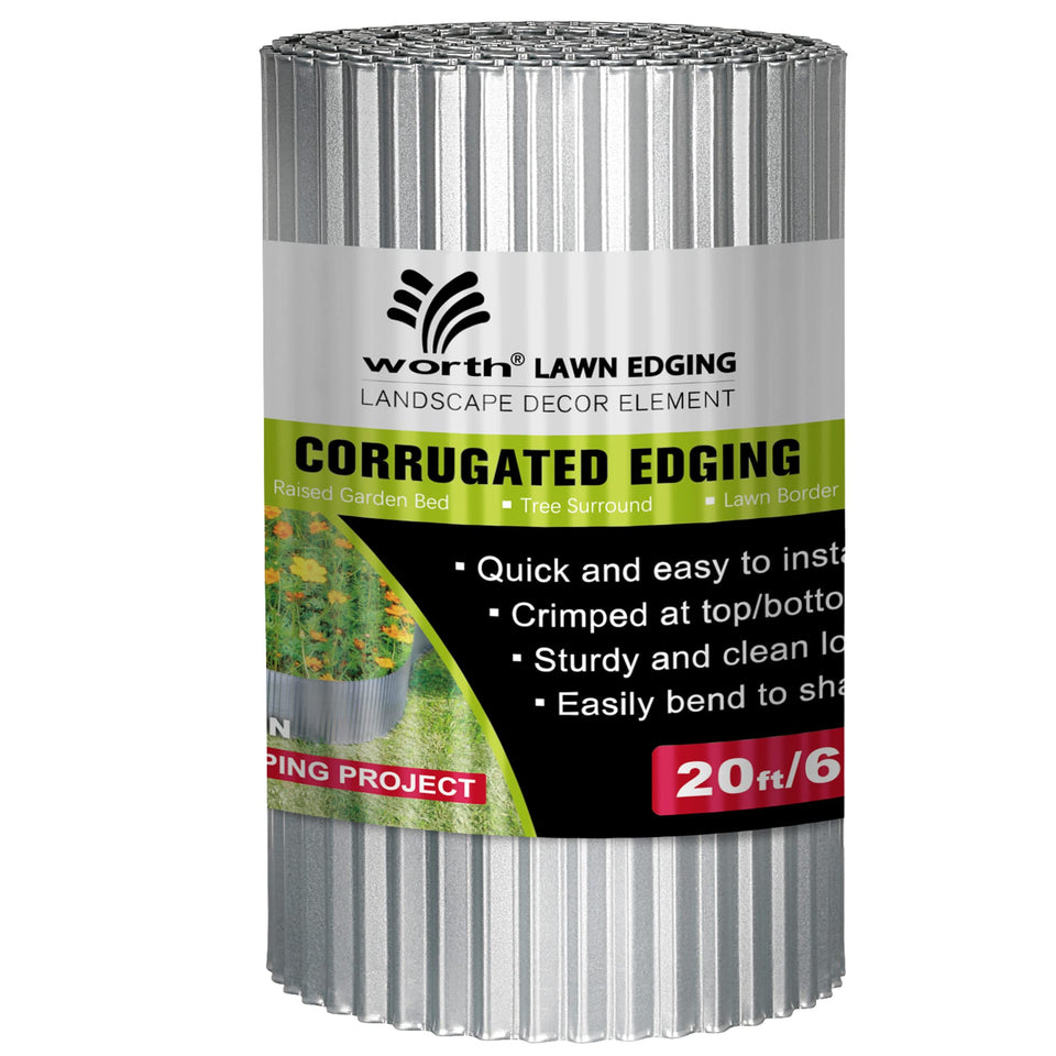 Worth narrow-corrugated edging in silver showing a 20ft roll for durable borders.