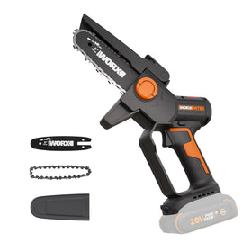 WORX 20V cordless pruning saw in use for efficient branch trimming.