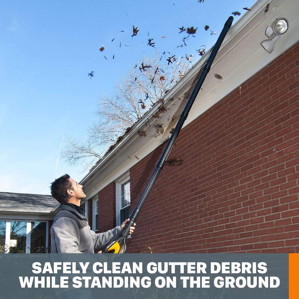 WORX GutterPro hooked nozzle directs focused air into gutters.