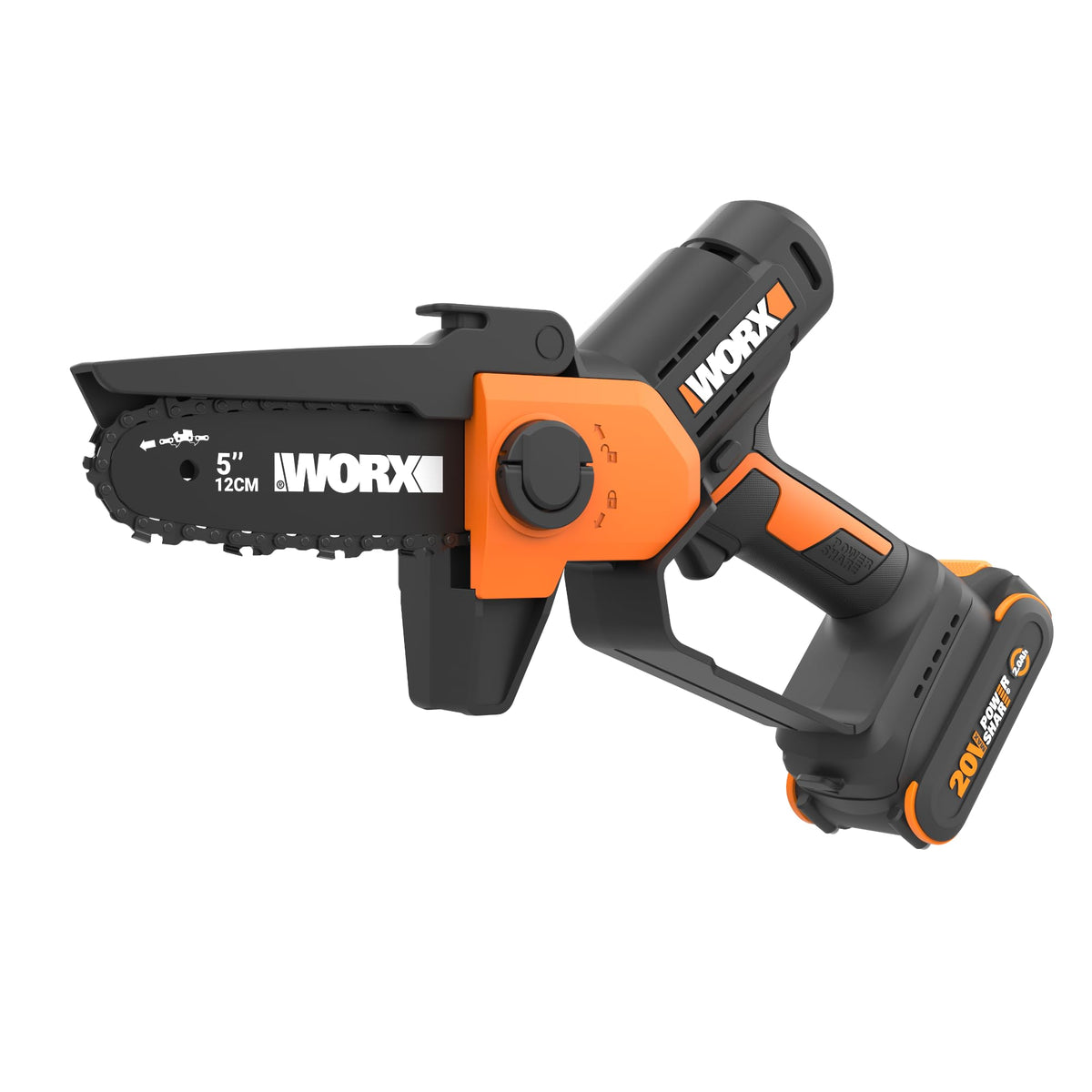 WORX mini chainsaw in action cutting a thick limb with precision