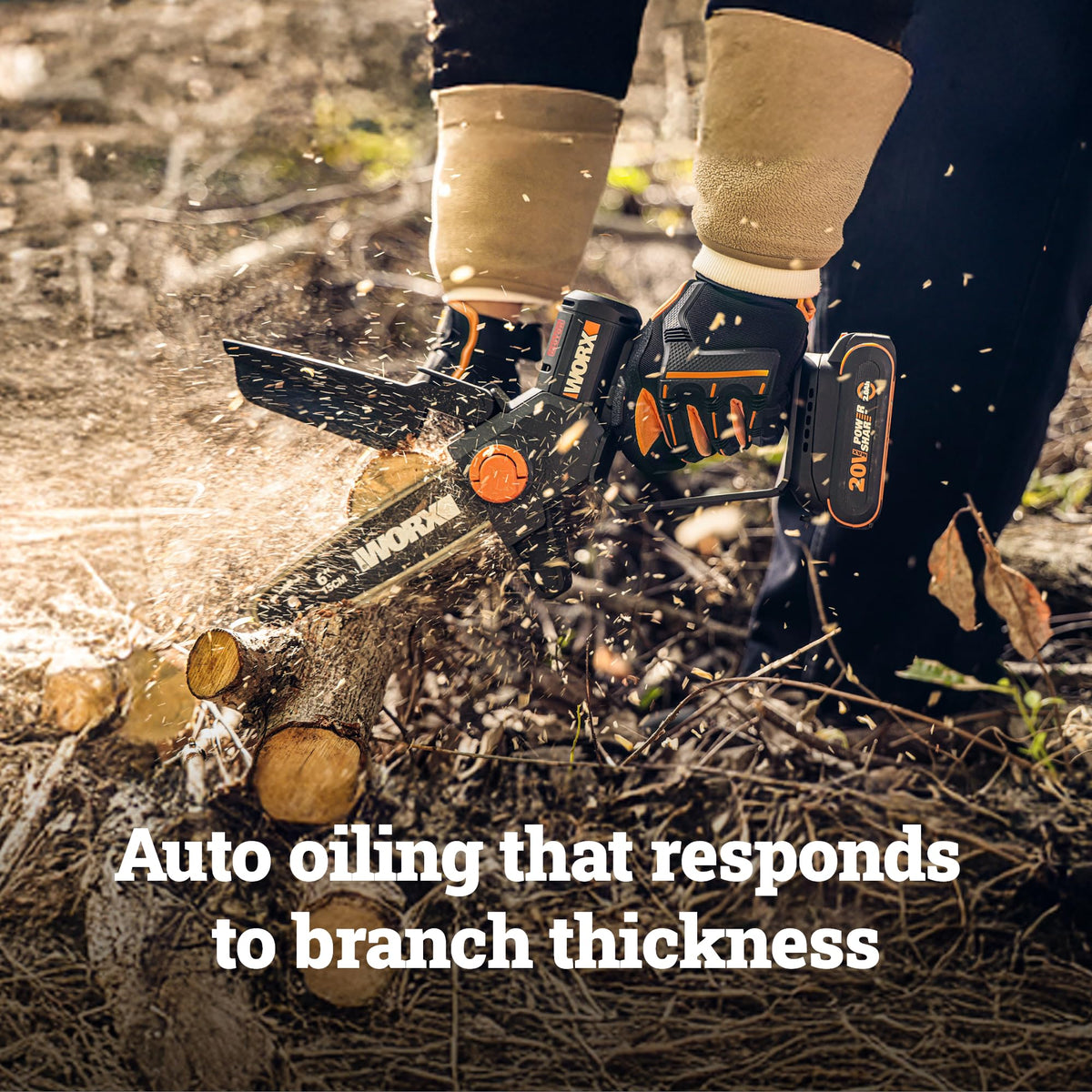 WORX Mini Chainsaw weighs about 3.5 pounds for easy one-handed use.