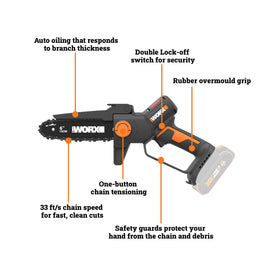 WORX Mini Chainsaw upper and hand guards reduce kickback and debris exposure.