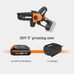 Slim, lightweight WORX mini chainsaw designed for one-handed pruning